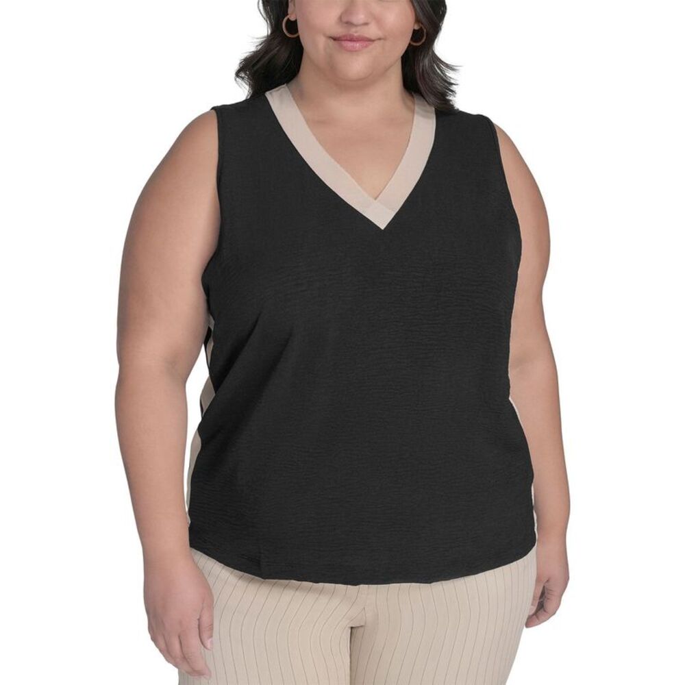 DKNY Womens Plus Size V-Neck Sleeveless Blouse 3X Black/Chino Khaki - NWT